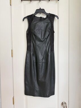 Paula Ka Sleeveless Black Leather Midi Dress with Mesh Yoke Size 4